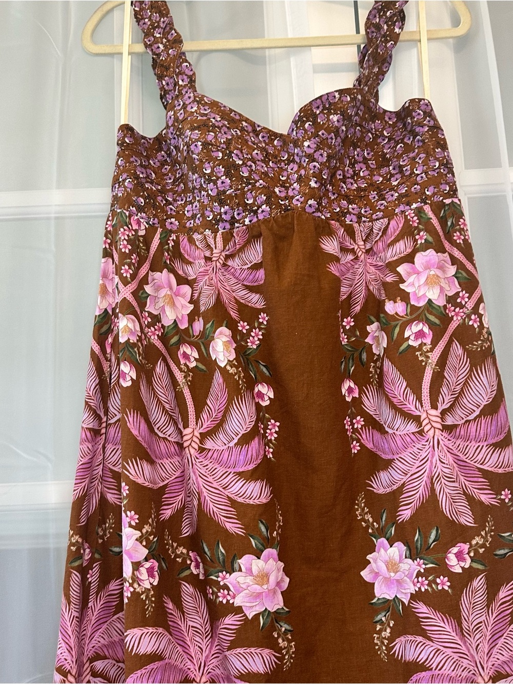 Farm Rio Pink Brown Tropical Floral Palm Print Maxi Dress - L - Picture 2 of 14